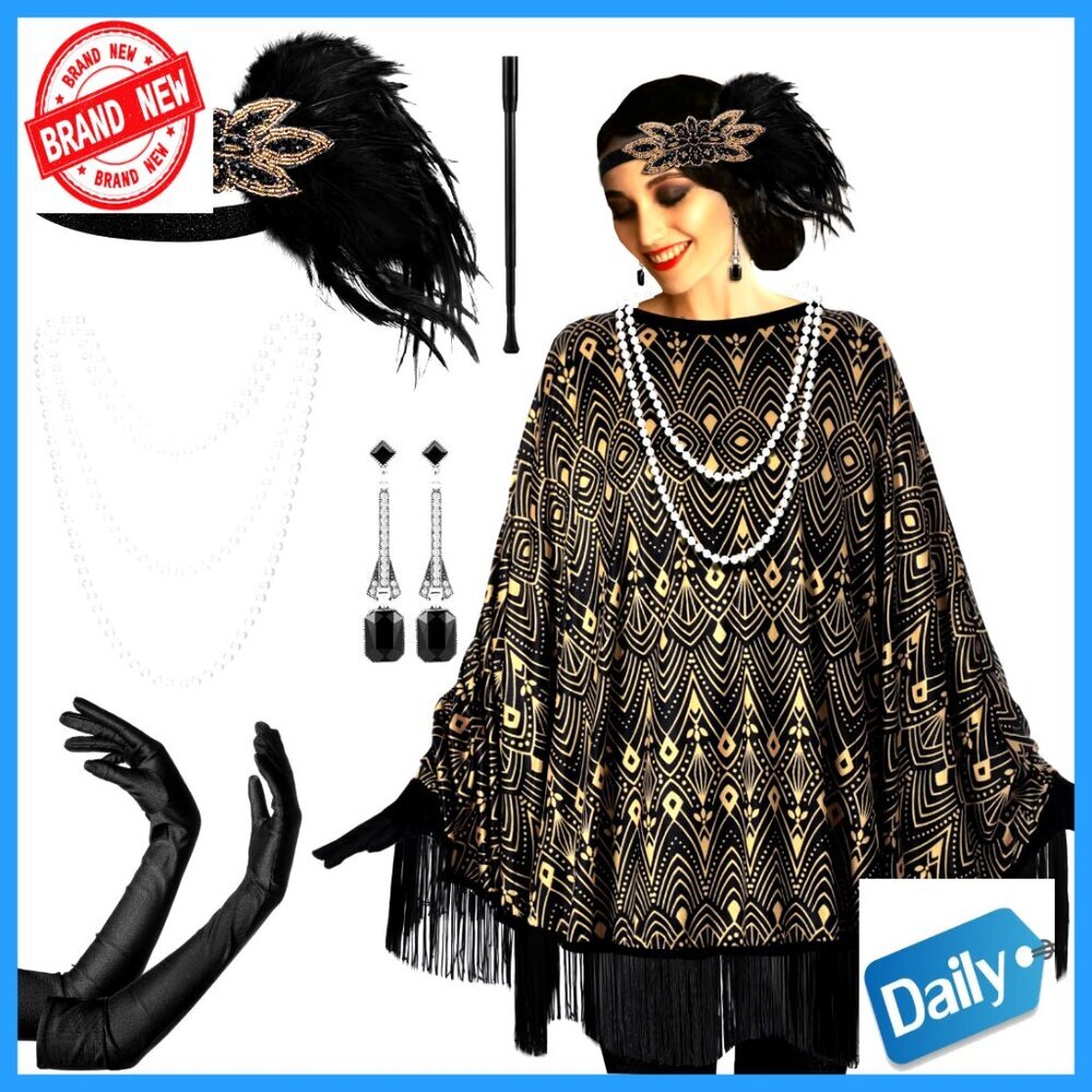 1920s Flapper Costume Accessories Set with Fringed Poncho and Gloves
